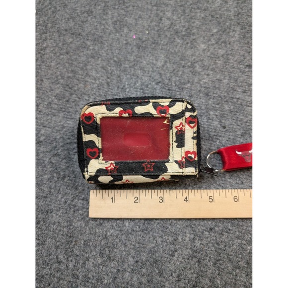 Small Cloth ID Wallet With Lanyard Red Interior Black Cream Heart Print - Picture 4 of 4